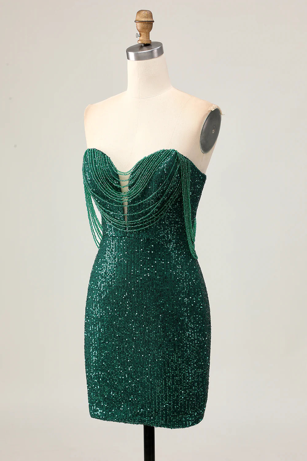 Dark Green Sparkly Sequins With Beaded Strapless Bodycon Short Homecoming Party Dress