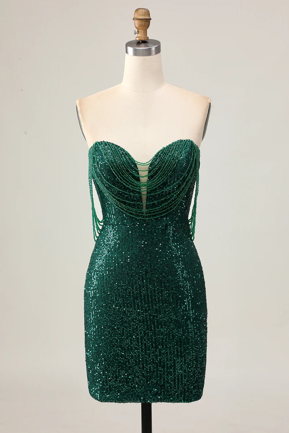 Dark Green Sparkly Sequins With Beaded Strapless Bodycon Short Homecoming Party Dress