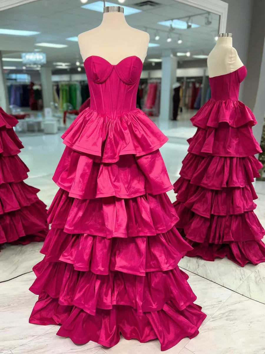 Dark Green Sweetheart Fuchsia Ruffles Tiered A-line Prom Dresses Hot Sale Dresses for Women