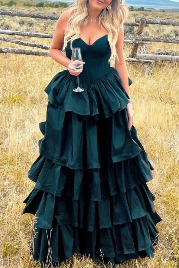 Dark Green Sweetheart Fuchsia Ruffles Tiered A-line Prom Dresses Hot Sale Dresses for Women