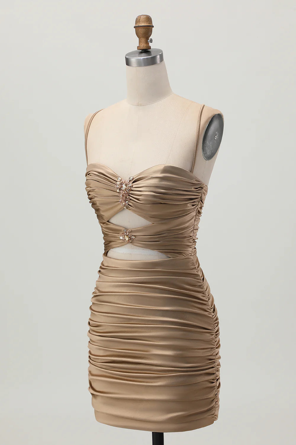 Dark Khaki Sweetheart Collar Spaghetti Straps Ruched Cut Out Tight Homecoming Dress Party Dress