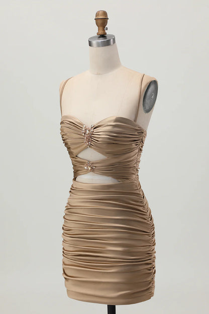 Dark Khaki Sweetheart Collar Spaghetti Straps Ruched Cut Out Tight Homecoming Dress Party Dress