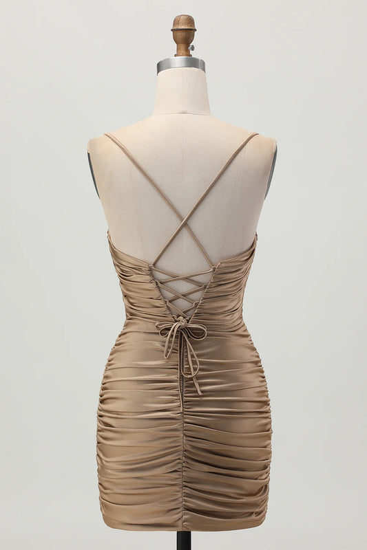 Dark Khaki Sweetheart Collar Spaghetti Straps Ruched Cut Out Tight Homecoming Dress Party Dress