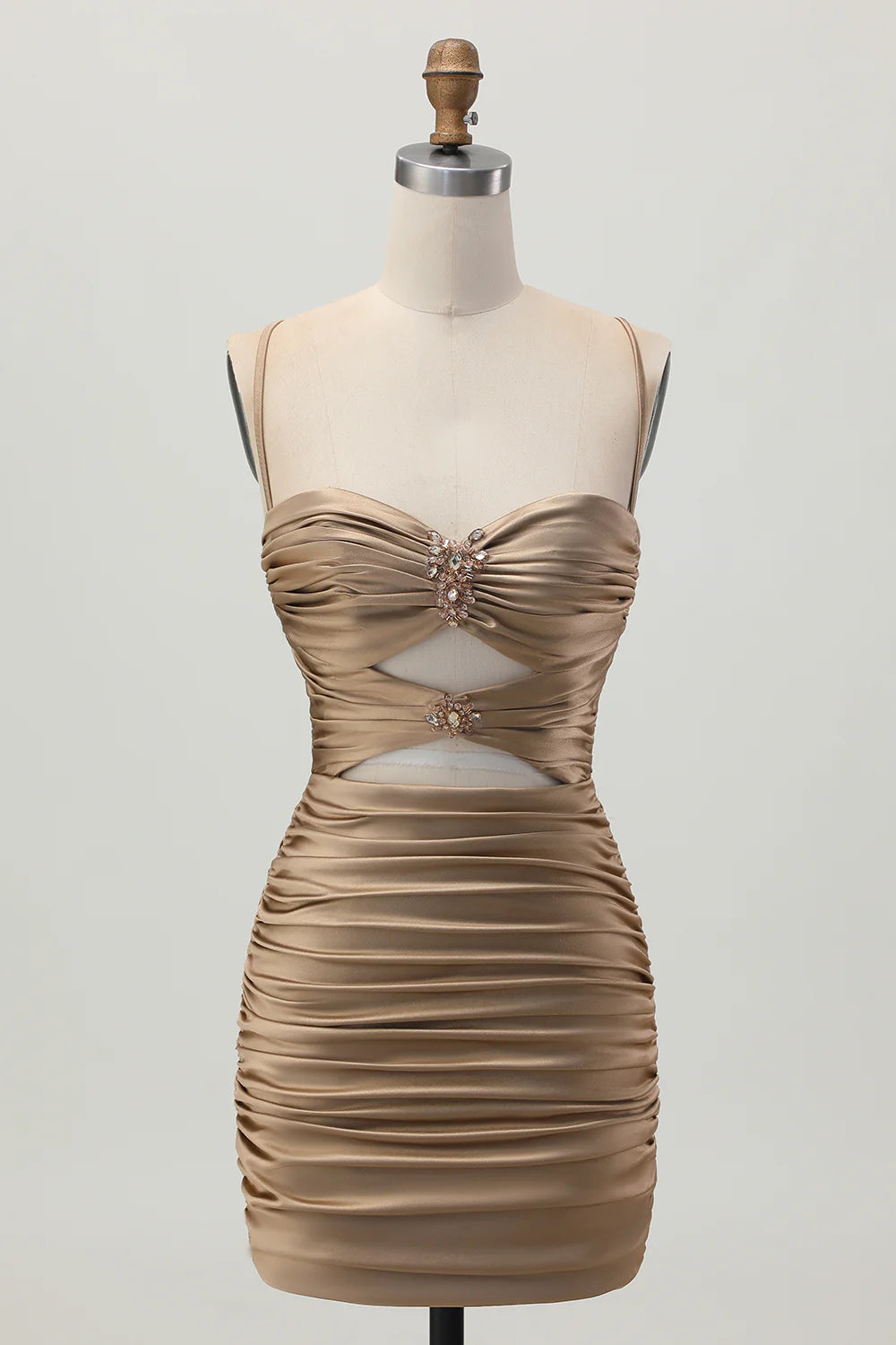 Dark Khaki Sweetheart Collar Spaghetti Straps Ruched Cut Out Tight Homecoming Dress Party Dress