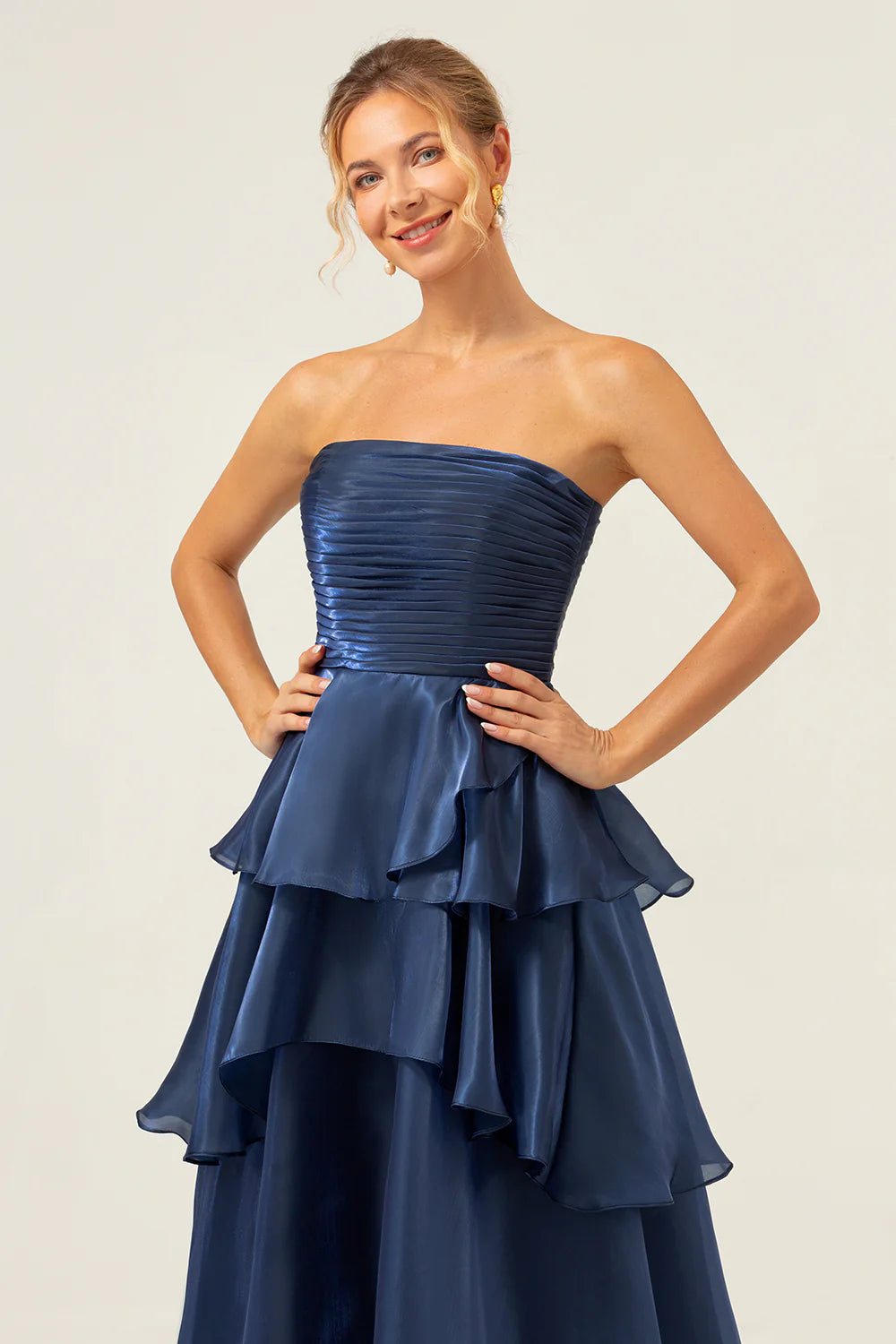 Dark Navy Satin Back Zipper A Line Strapless Tiered Floor Length Prom Dress