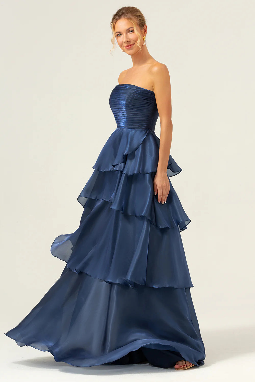 Dark Navy Satin Back Zipper A Line Strapless Tiered Floor Length Prom Dress