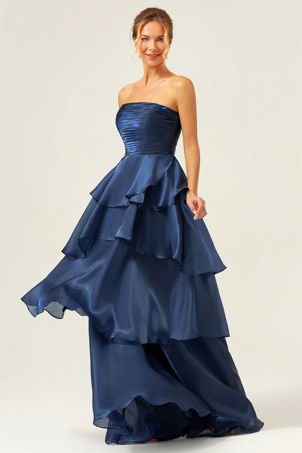 Dark Navy Satin Back Zipper A Line Strapless Tiered Floor Length Prom Dress