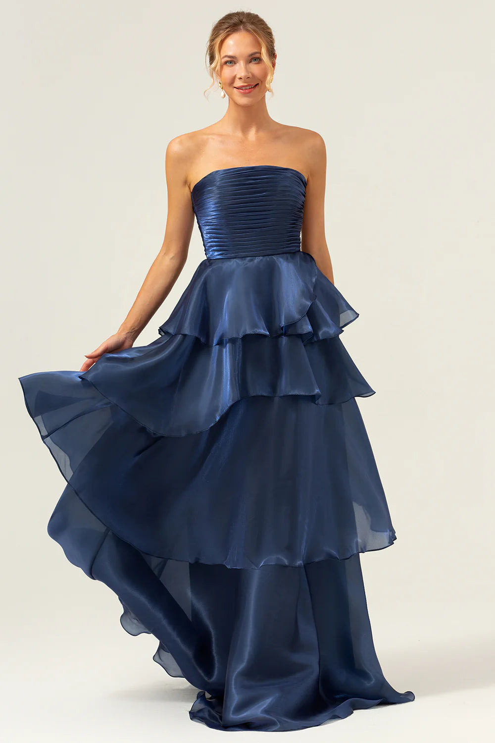 Dark Navy Satin Back Zipper A Line Strapless Tiered Floor Length Prom Dress