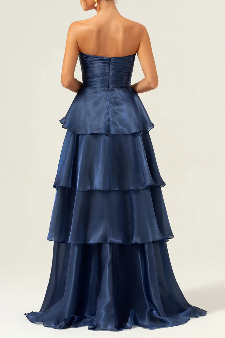 Dark Navy Satin Back Zipper A Line Strapless Tiered Floor Length Prom Dress