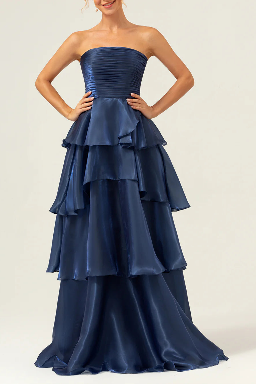 Dark Navy Satin Back Zipper A Line Strapless Tiered Floor Length Prom Dress