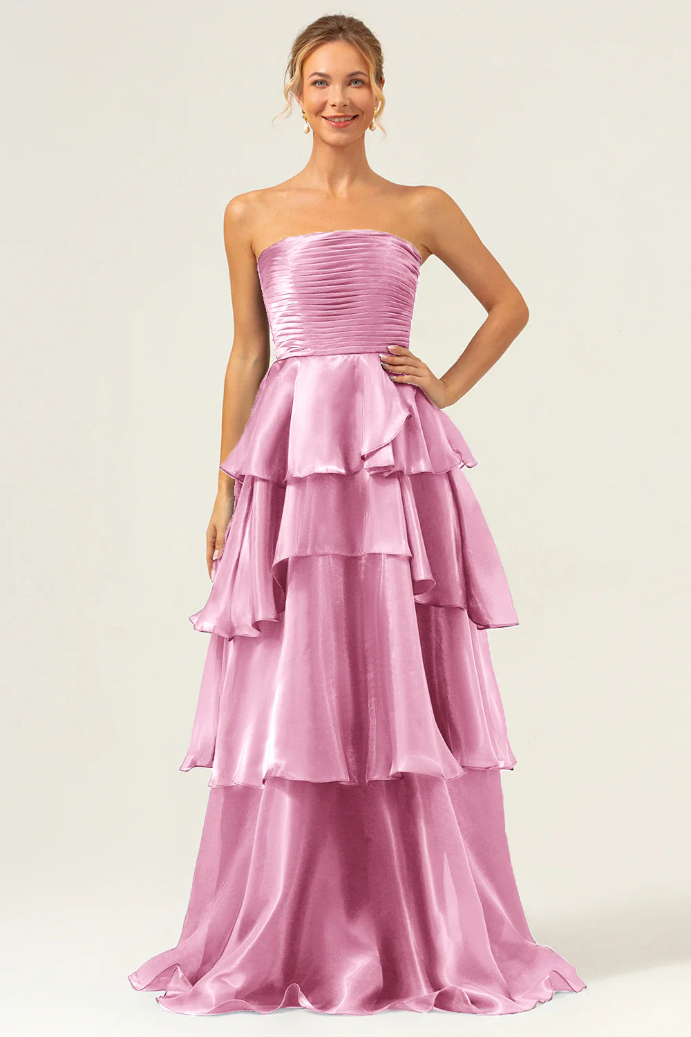 Dark Navy Satin Back Zipper A Line Strapless Tiered Floor Length Prom Dress