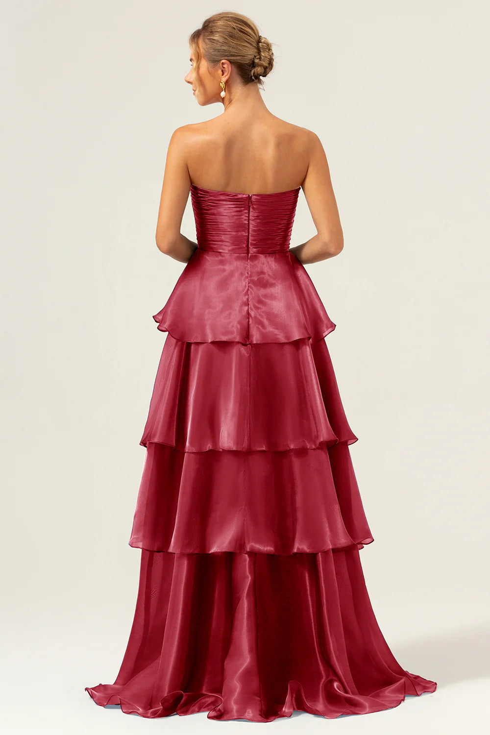 Dark Navy Satin Back Zipper A Line Strapless Tiered Floor Length Prom Dress