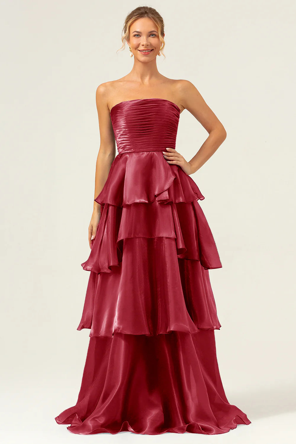 Dark Navy Satin Back Zipper A Line Strapless Tiered Floor Length Prom Dress