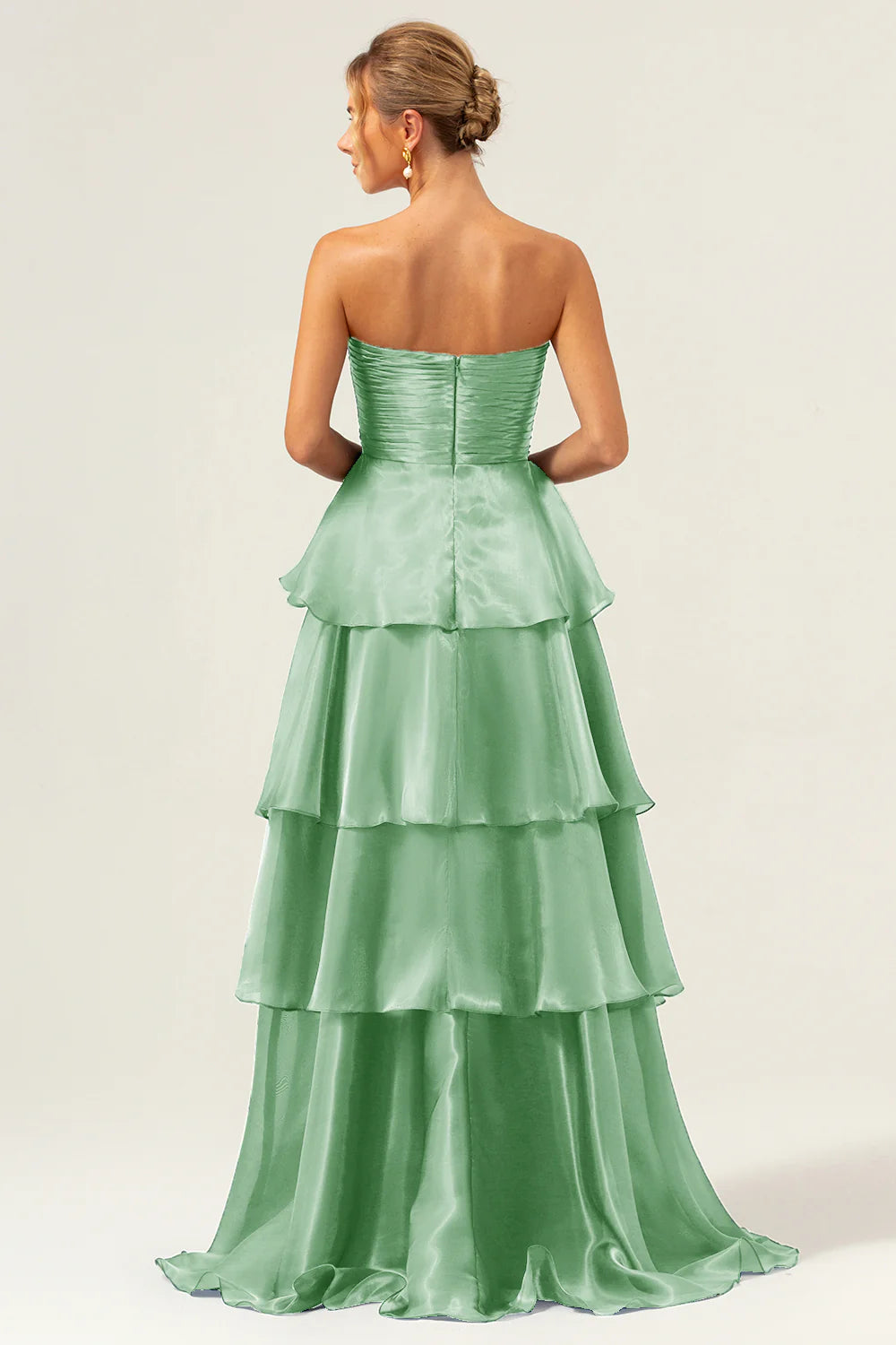 Dark Navy Satin Back Zipper A Line Strapless Tiered Floor Length Prom Dress