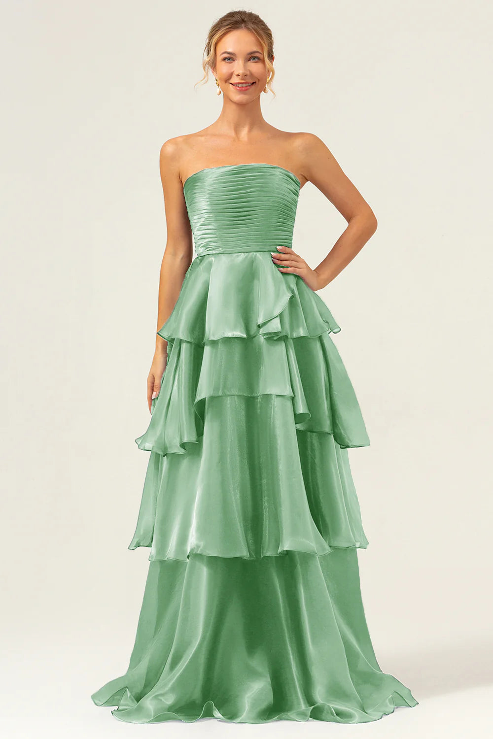 Dark Navy Satin Back Zipper A Line Strapless Tiered Floor Length Prom Dress