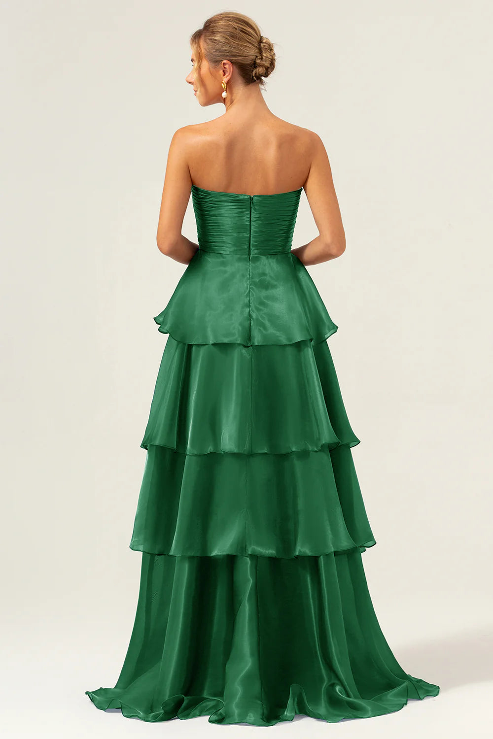 Dark Navy Satin Back Zipper A Line Strapless Tiered Floor Length Prom Dress