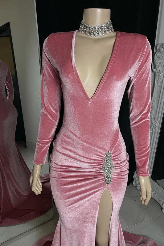 Dazzling Mermaid V-neck Long-sleeve Beaded Red Floor-length Prom Dress for Women Ready to Ship