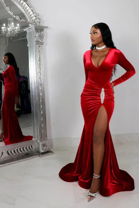 Dazzling Mermaid V-neck Long-sleeve Beaded Red Floor-length Prom Dress for Women Ready to Ship