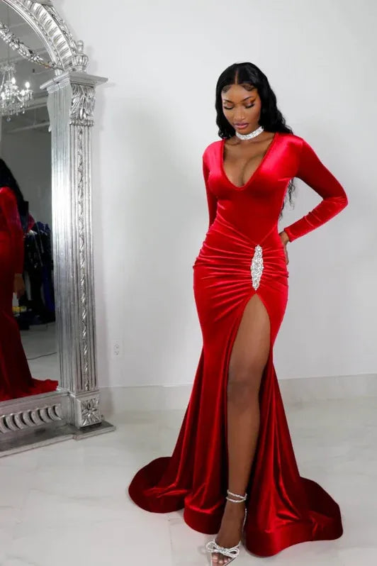 Dazzling Mermaid V-neck Long-sleeve Beaded Red Floor-length Prom Dress for Women Ready to Ship