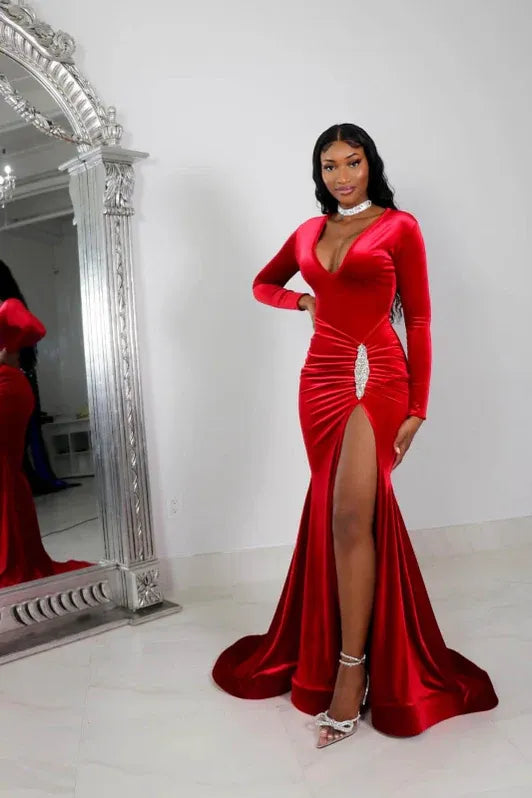 Dazzling Mermaid V-neck Long-sleeve Beaded Red Floor-length Prom Dress for Women Ready to Ship