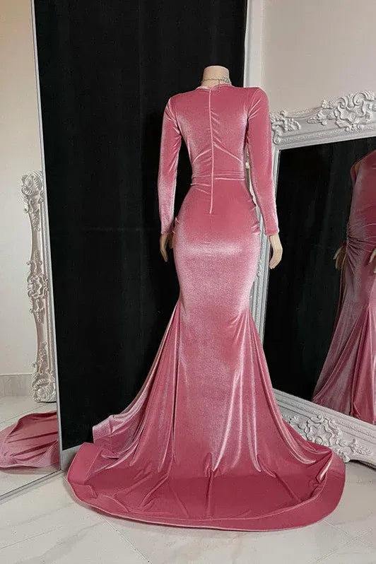 Dazzling Mermaid V-neck Long-sleeve Beaded Red Floor-length Prom Dress for Women Ready to Ship