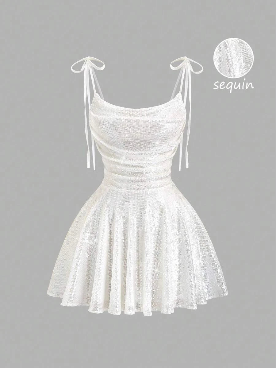 Dazzling A-Line Cowl Neck Tie-Shoulder Sequin White Mini Homecoming Dresses
