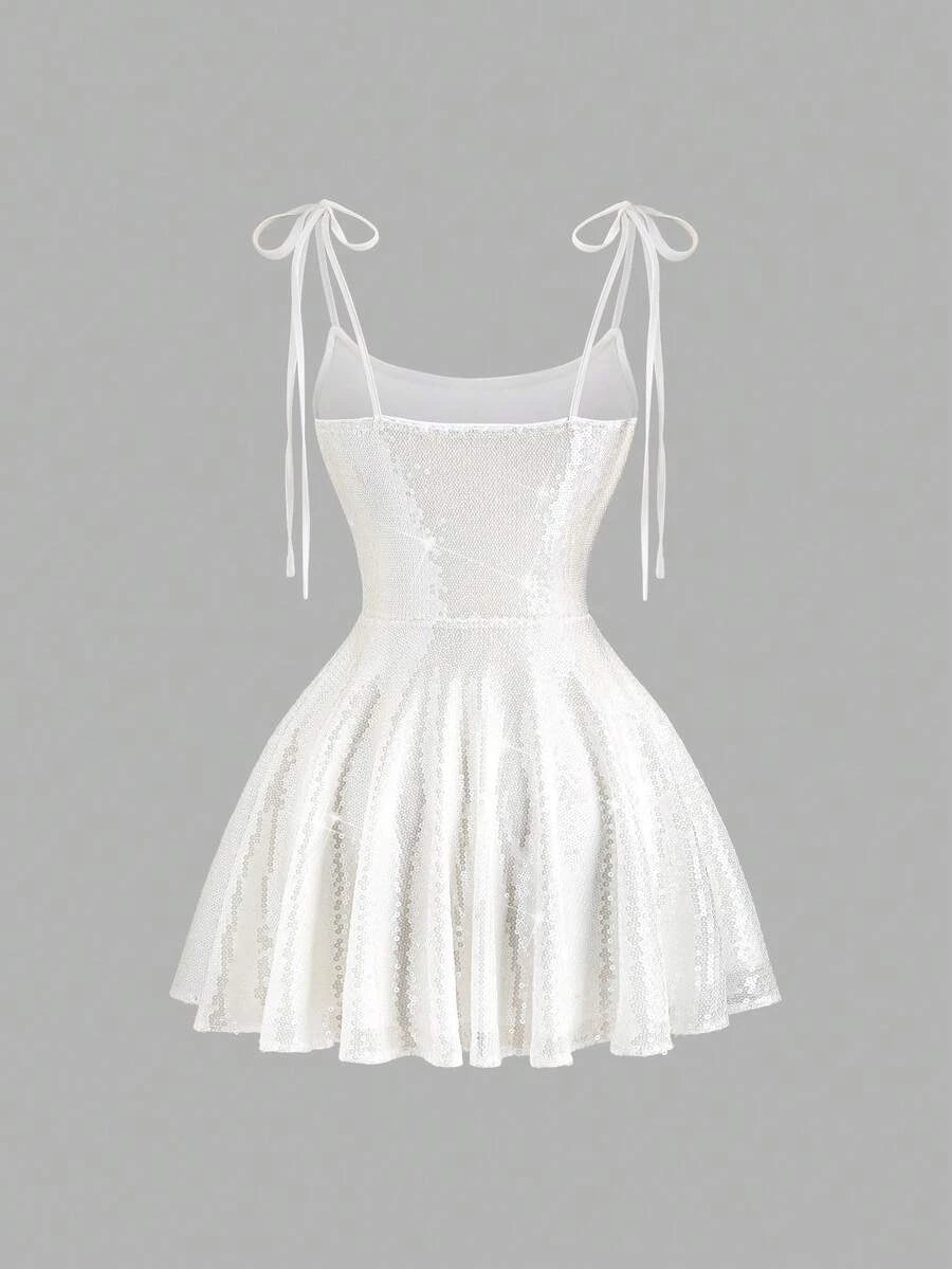 Dazzling A-Line Cowl Neck Tie-Shoulder Sequin White Mini Homecoming Dresses