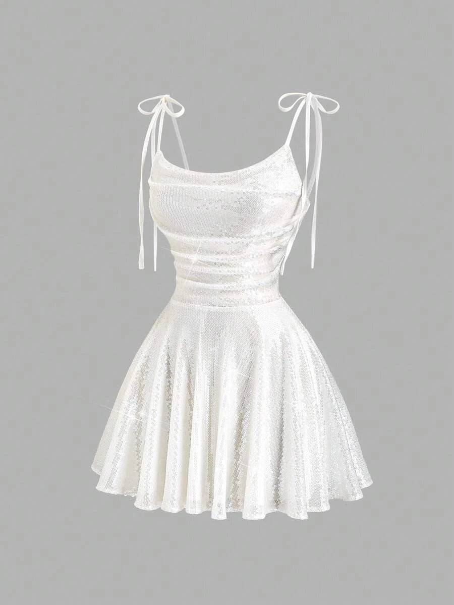 Dazzling A-Line Cowl Neck Tie-Shoulder Sequin White Mini Homecoming Dresses
