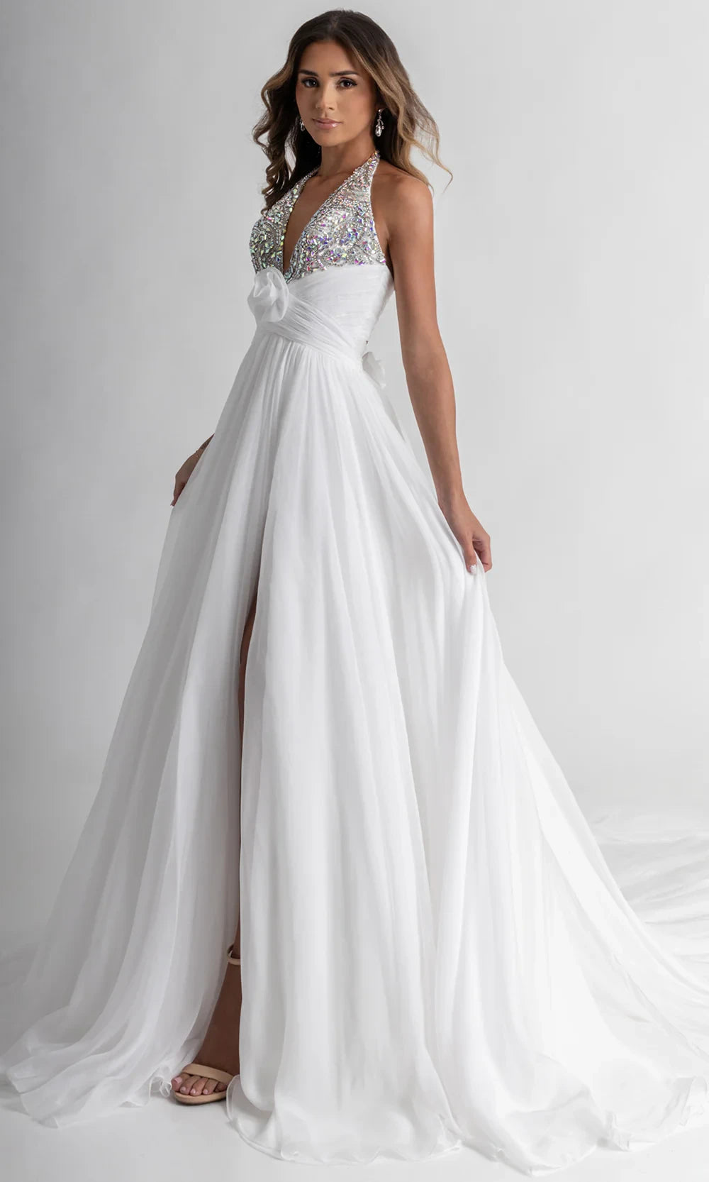 Dazzling A-Line Halter Sparkling Flowy Chiffon White Train Prom Dress With Rhinestones