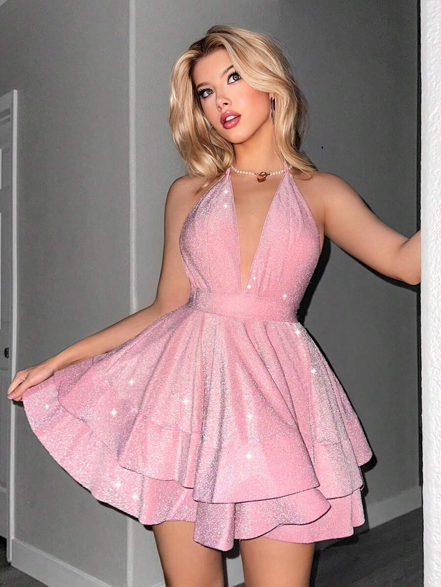 Dazzling A-Line Halter Tiered Ruffle Backless Glitter Pink Short Homecoming Dress