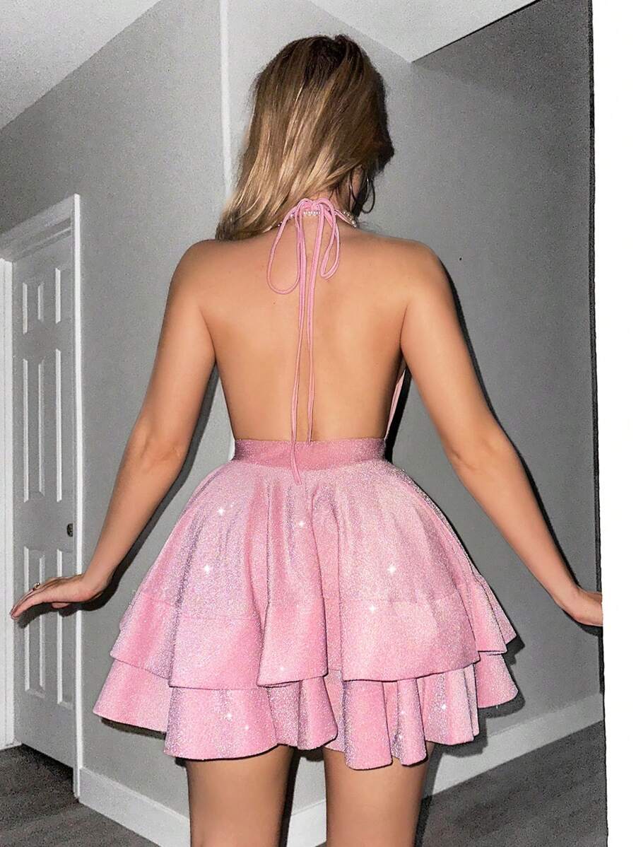 Dazzling A-Line Halter Tiered Ruffle Backless Glitter Pink Short Homecoming Dress