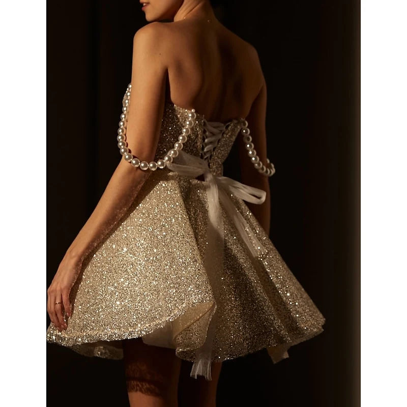 Dazzling A-Line Sweetheart Pearl Strap Glittering Gold Short Homecoming Dress