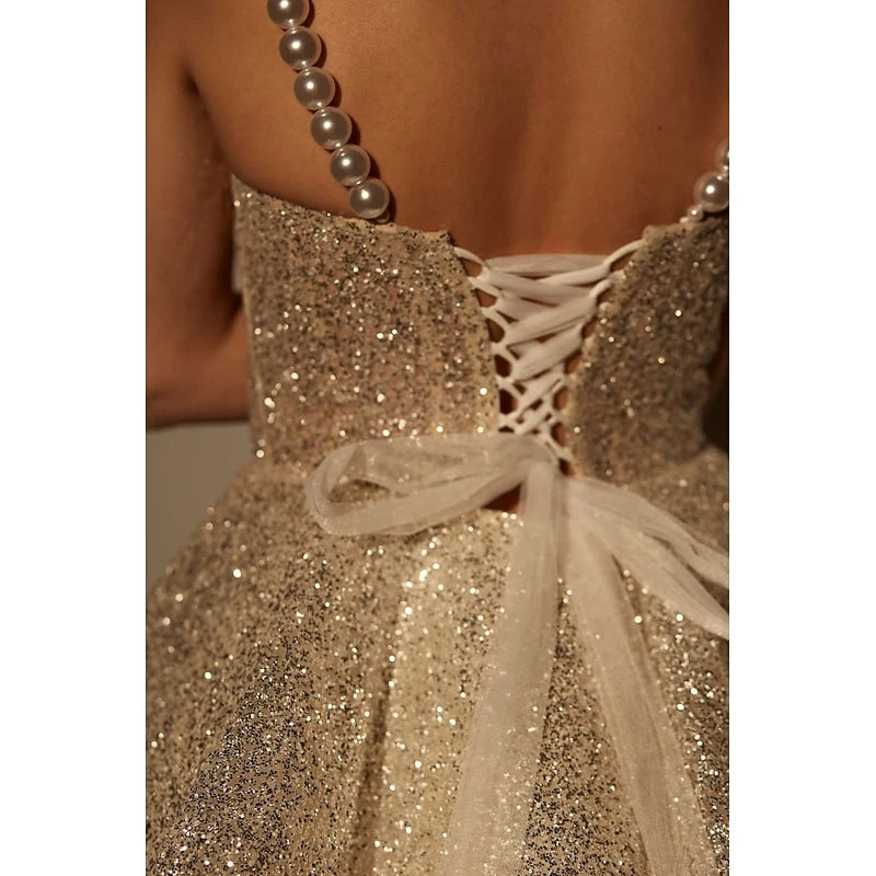 Dazzling A-Line Sweetheart Pearl Strap Glittering Gold Short Homecoming Dress