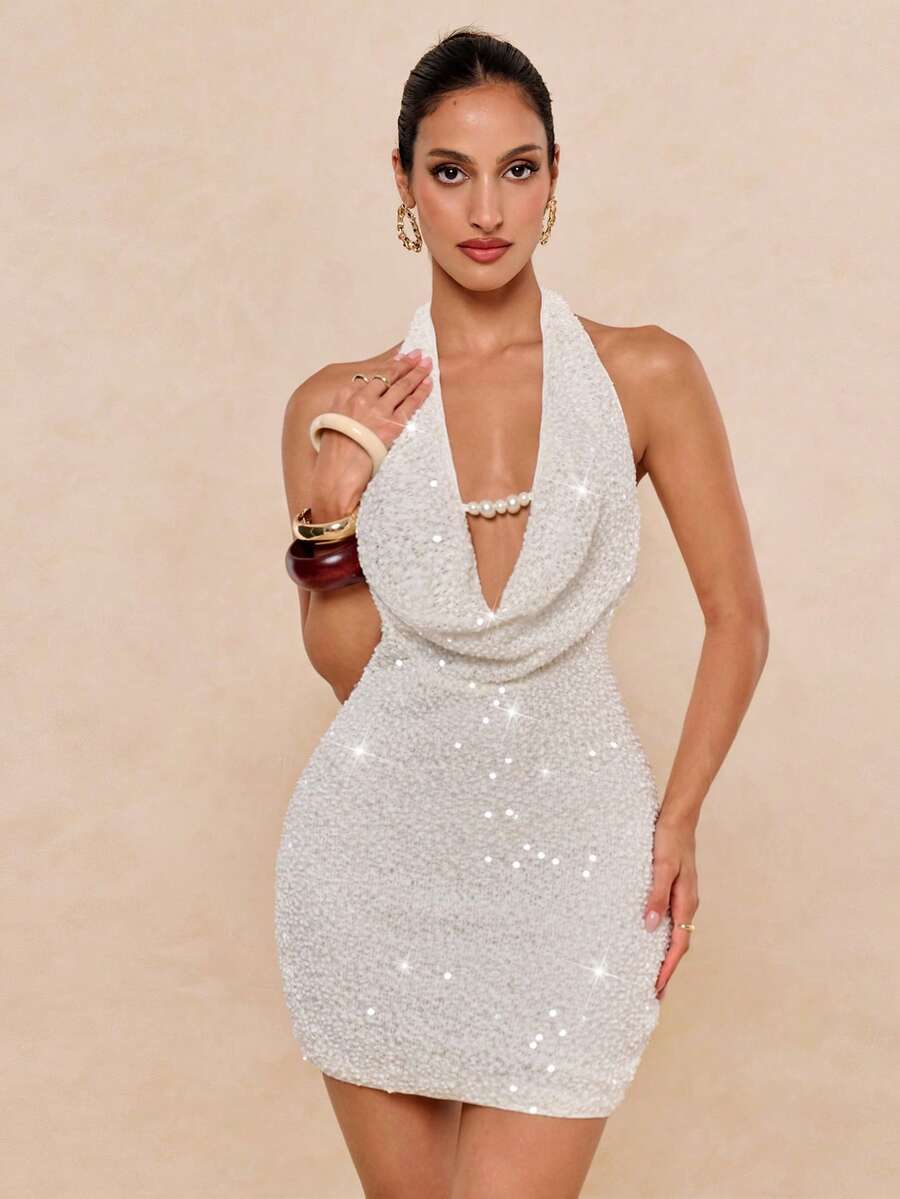 Dazzling Bodycon Halter Backless Sequin White Mini Homecoming Dress With Beaded