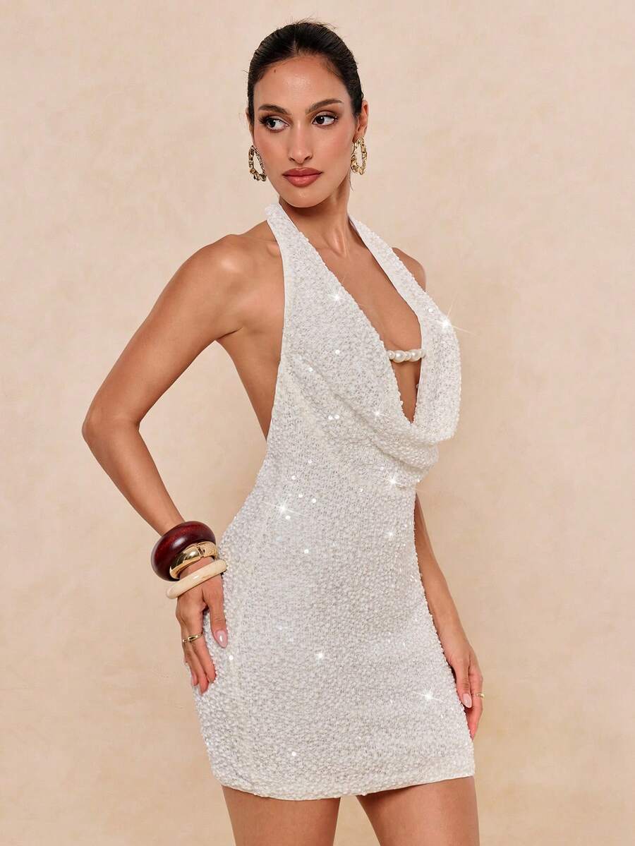 Dazzling Bodycon Halter Backless Sequin White Mini Homecoming Dress With Beaded