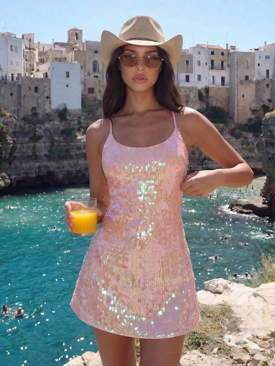 Dazzling Bodycon Scoop Neck Backless Sequin Pink Mini Homecoming Dress