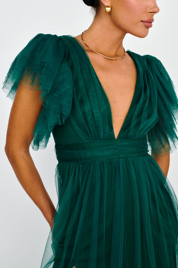 Deep V-Neck Cap Sleeves Tulle Hunter Green Maxi Evening Dress Prom Dress