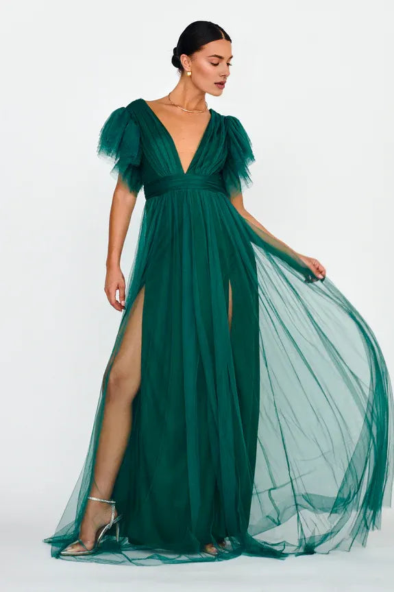 Deep V-Neck Cap Sleeves Tulle Hunter Green Maxi Evening Dress Prom Dress