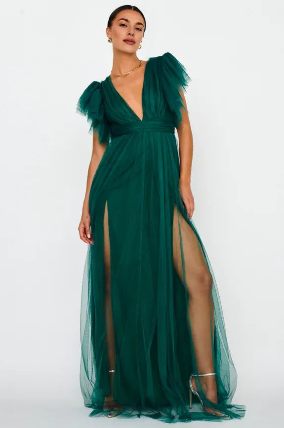 Deep V-Neck Cap Sleeves Tulle Hunter Green Maxi Evening Dress Prom Dress