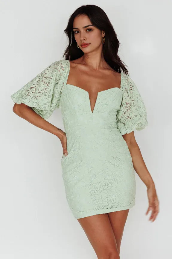 Deep V-Neck Puff Sleeve Open Back Lace Sage Mini Homecoming Dress