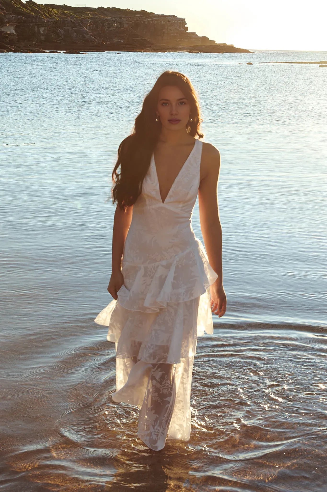 Deep V-Neck Ruffle Tiered Lace Up Chiffon White Maxi Evening Dress