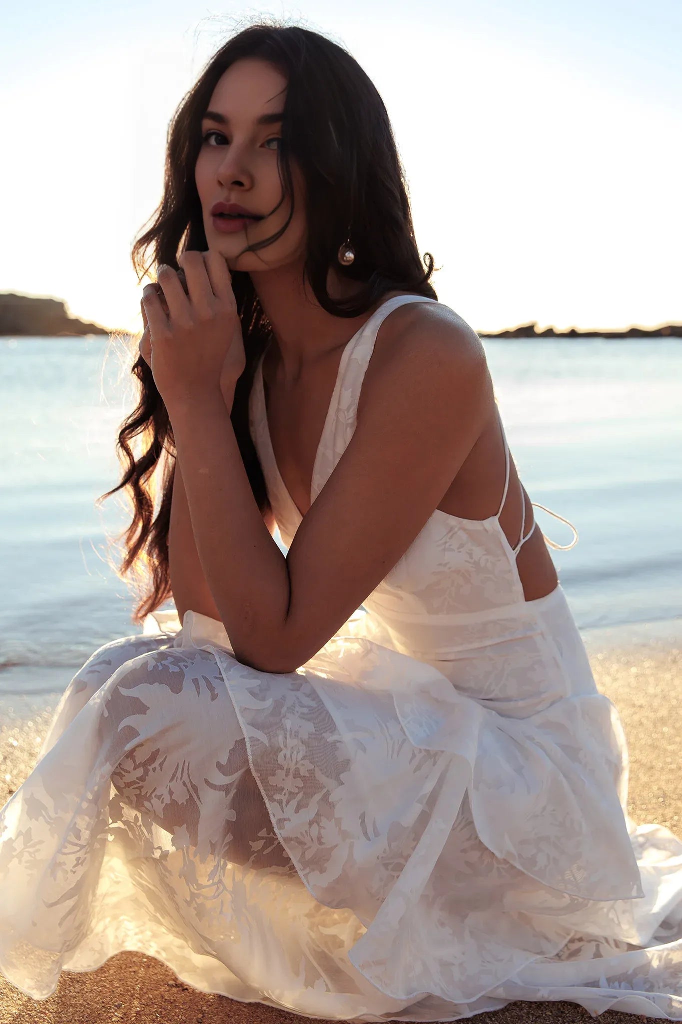 Deep V-Neck Ruffle Tiered Lace Up Chiffon White Maxi Evening Dress