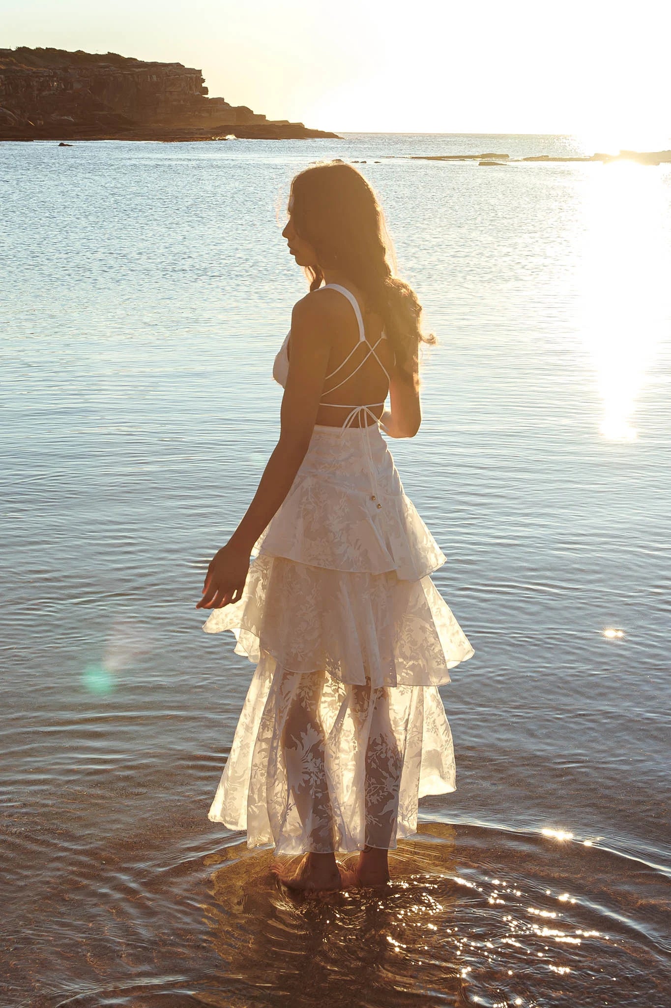 Deep V-Neck Ruffle Tiered Lace Up Chiffon White Maxi Evening Dress