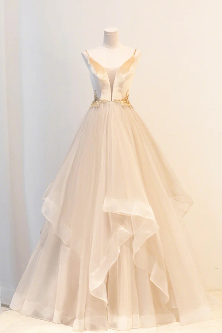 Deep V-Neck Spaghetti Strap Velvet and Tulle Champagne Long Prom Dress