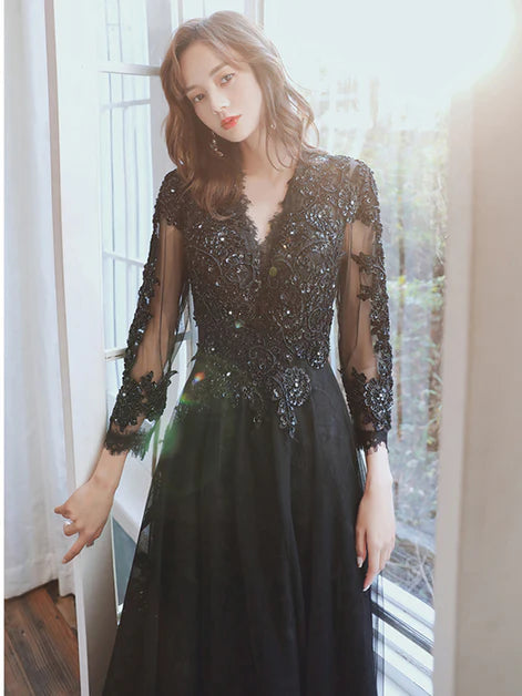 Deep V Neck Black Tulle with Lace Long Sleeves A-line Prom Dress Evening Dress Party Dress