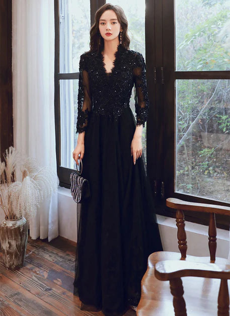 Deep V Neck Black Tulle with Lace Long Sleeves A-line Prom Dress Evening Dress Party Dress