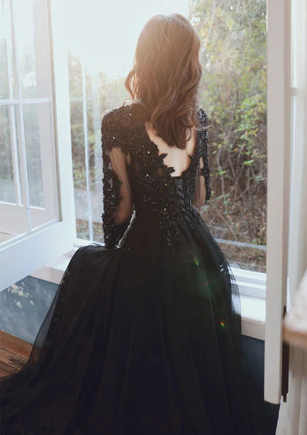 Deep V Neck Black Tulle with Lace Long Sleeves A-line Prom Dress Evening Dress Party Dress