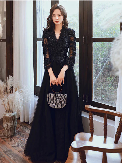 Deep V Neck Black Tulle with Lace Long Sleeves A-line Prom Dress Evening Dress Party Dress