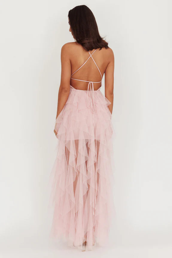 Deep V Neck Cascading Frill Tulle Blush Maxi Homecoming Dress Prom Dress