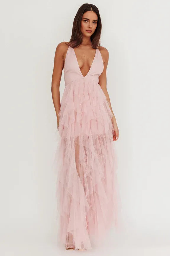 Deep V Neck Cascading Frill Tulle Blush Maxi Homecoming Dress Prom Dress